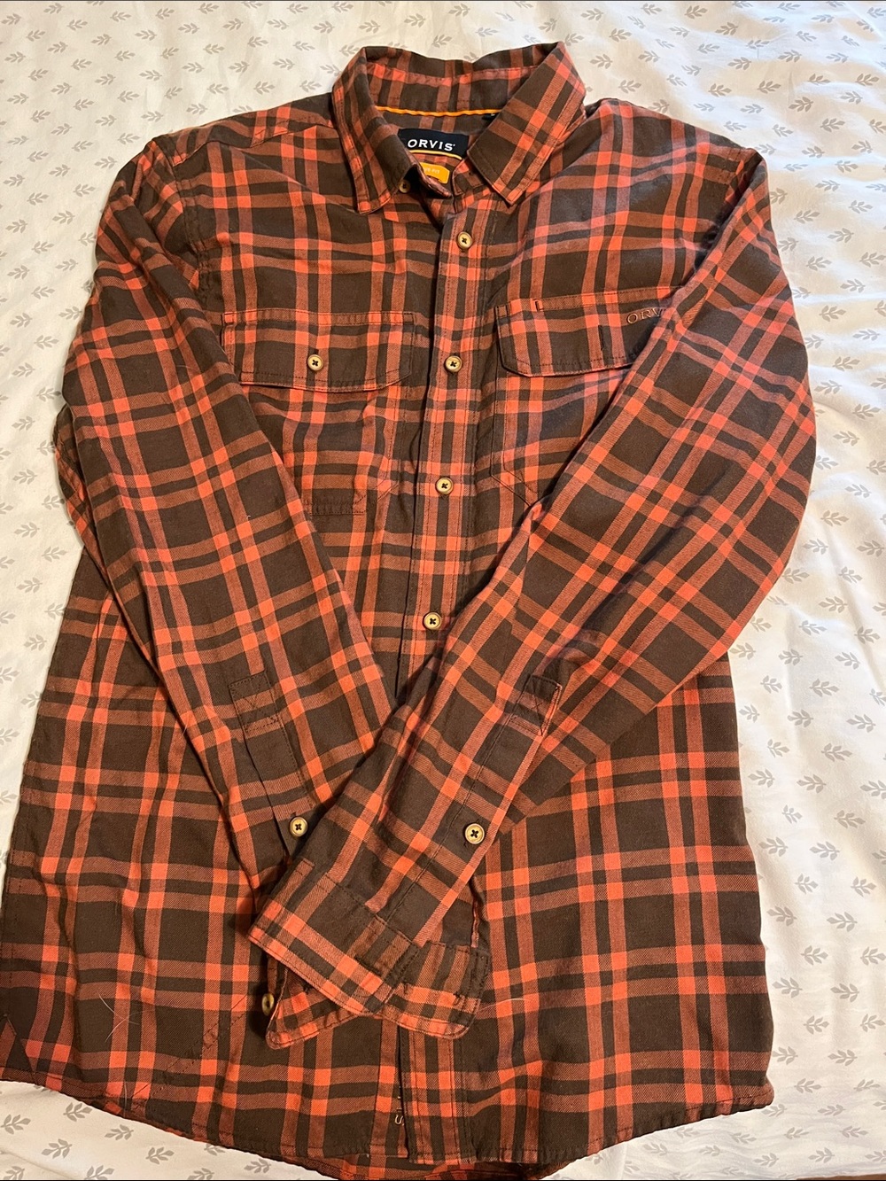 Orvis Brown and Orange Plaid Button-Down Shirt